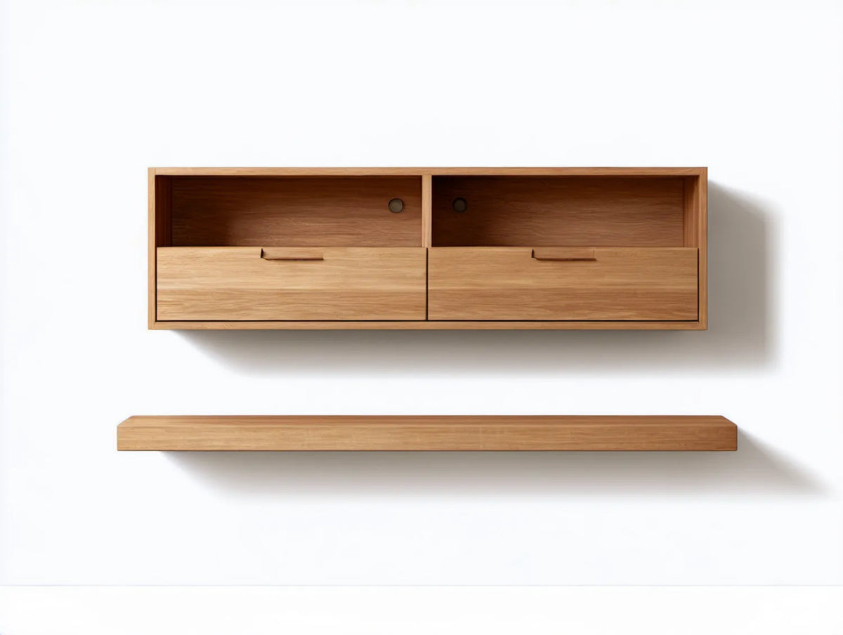 Zestaw wiszący w kolorze naturalnego dębu: szafka 160 × 40 × 55 cm i półka 170 × 25 × 6 cm