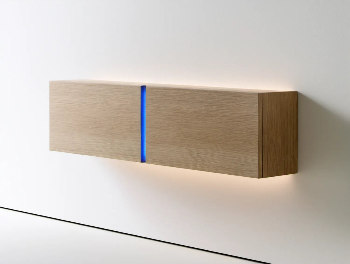 Wisząca szafka RTV dąb jasny/brązowy z niebieskim oświetleniem LED, 120 x 30 x 30 cm