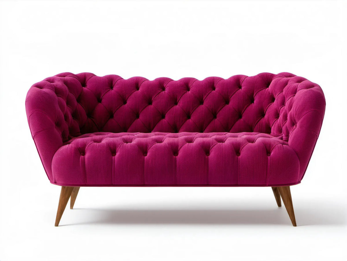 Dwuosobowa sofa Chesterfield z weluru poliestrowego, fuksjowa, 160 × 85 × 82 cm