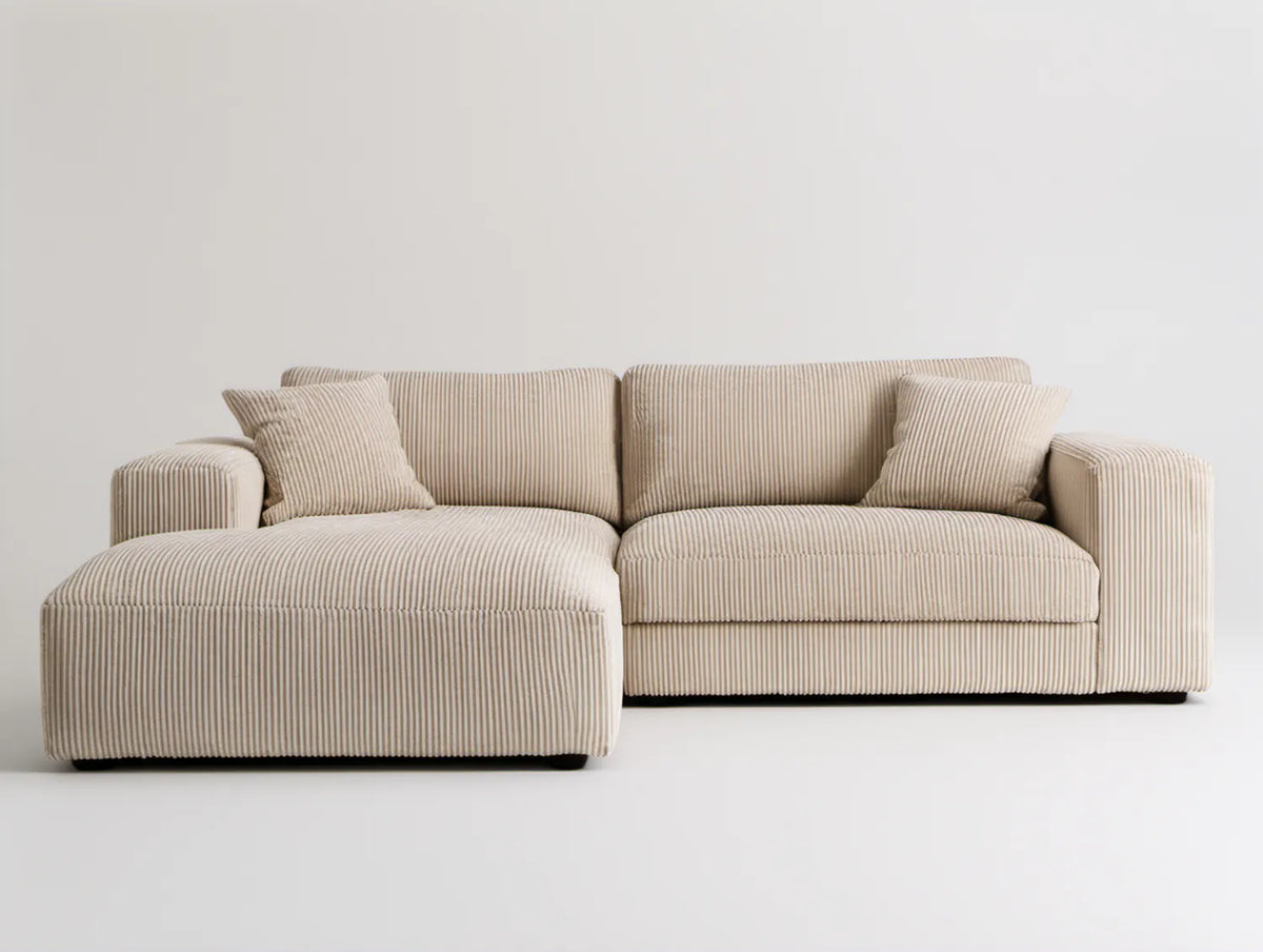 Beżowa sofa narożna z lewostronnym szezlongiem, sztruksowa, 270 x 160 x 85 cm