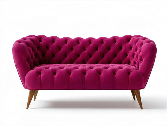 Dwuosobowa sofa Chesterfield z weluru poliestrowego, fuksjowa, 160 × 85 × 82 cm
