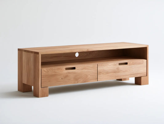 Jasnobrązowa dębowa szafka RTV z 2 szufladami, 140 × 40 × 60 cm