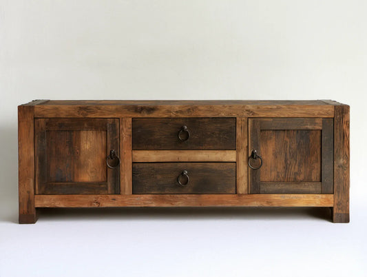 Brązowa szafka RTV z litego drewna mango, 120 x 40 x 60 cm, 2 drzwi i 2 szuflady