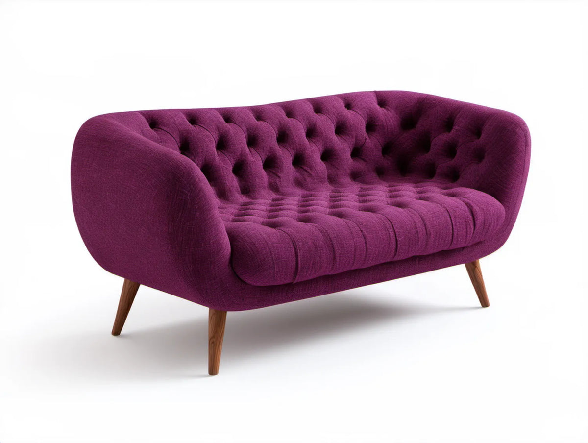 Dwuosobowa sofa pikowana fioletowa z brązowymi nogami, 160 x 85 x 75 cm