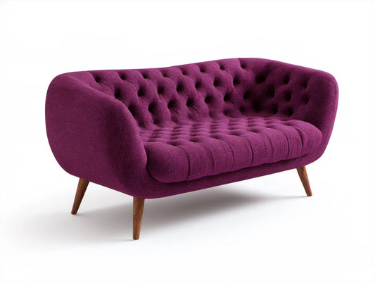 Dwuosobowa sofa pikowana fioletowa z brązowymi nogami, 160 x 85 x 75 cm