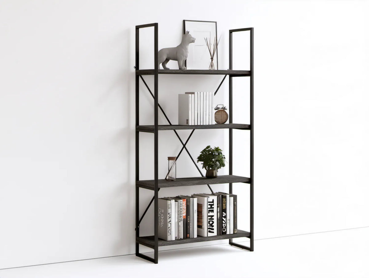 Industrialny regał czarny z płyt MDF i stali, 80 × 30 × 180 cm, 4 półki