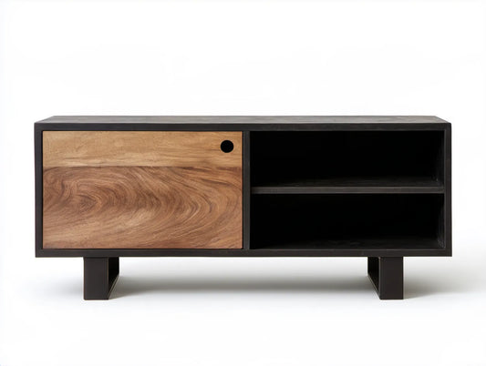 Szafka RTV z litego drewna mango i stali, czarno-brązowa, 120 x 40 x 50 cm