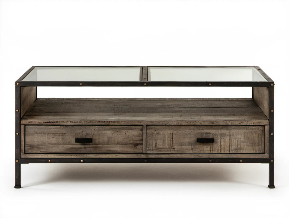 Industrialny stolik kawowy z 2 szufladami, szklanym blatem, drewno mango i stal, 120 x 60 x 50 cm