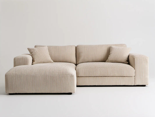Beżowa sofa narożna z lewostronnym szezlongiem, sztruksowa, 270 x 160 x 85 cm
