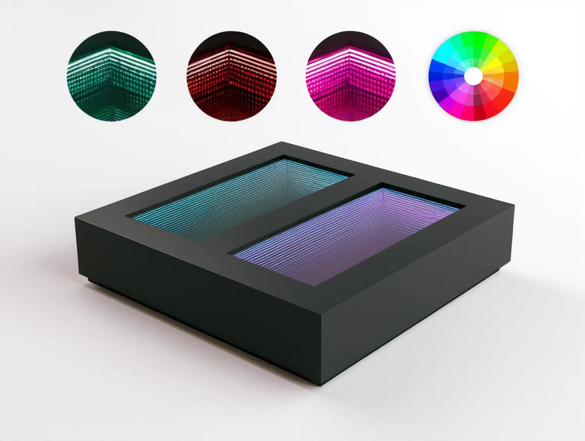 Czarny stolik kawowy LED RGB z efektem nieskończonego lustra, MDF, 100 x 60 x 35 cm