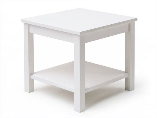 Biały stolik kawowy z litego drewna sosnowego 55 x 55 x 45 cm z dolną półką